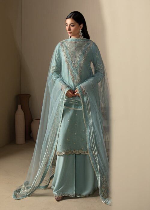 Ice Blue Raw Silk Medium Length Kurta 3-Piece (2620B)