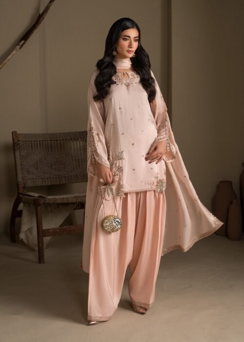 Peach Raw Silk Short Kurta 3-Piece (2623A)