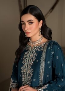 Teal Raw Silk Medium Length Kurta 3-Piece (2624A)
