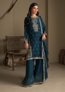 Teal Raw Silk Medium Length Kurta 3-Piece (2624A)