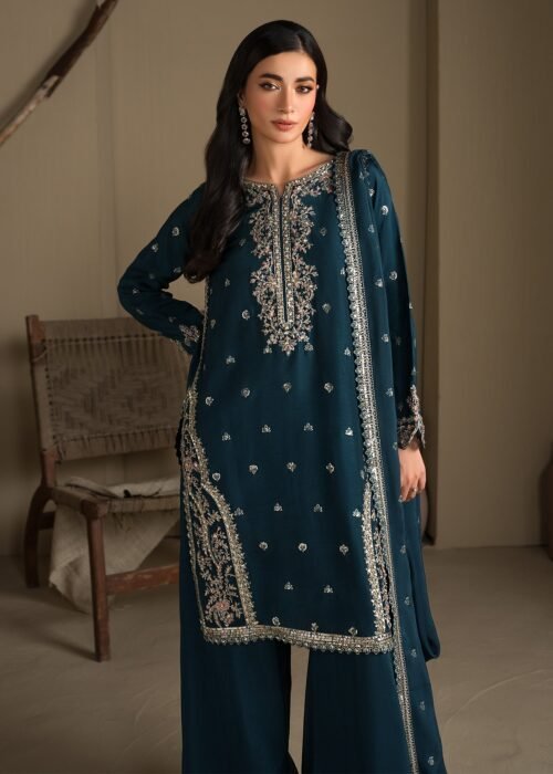 Teal Raw Silk Medium Length Kurta 3-Piece (2624A)