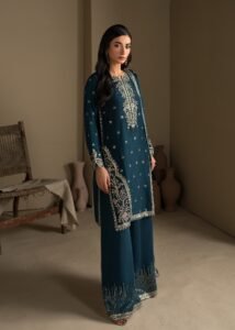 Teal Raw Silk Medium Length Kurta 3-Piece (2624A)