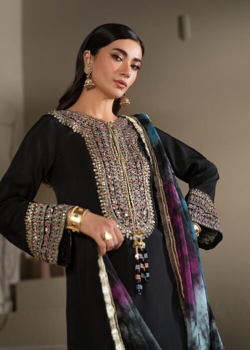 Black Raw Silk Short Kurta 3-Piece (2619B)