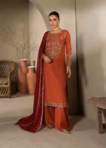 Rust Raw Silk Long Kurta 3-Piece (2621A)