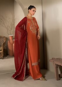 Rust Raw Silk Long Kurta 3-Piece (2621A)