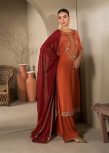 Rust Raw Silk Long Kurta 3-Piece (2621A)