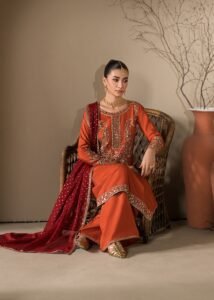 Rust Raw Silk Long Kurta 3-Piece (2621A)