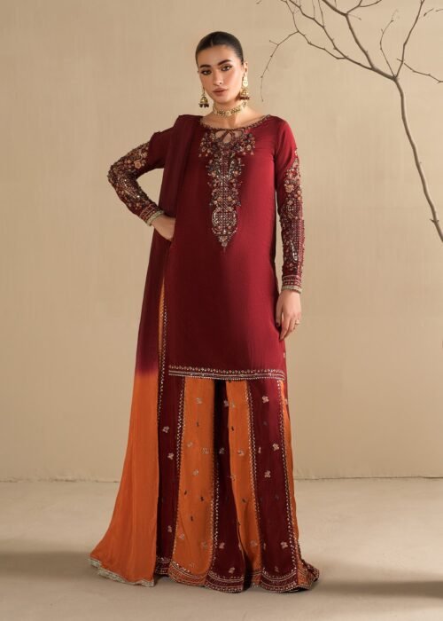 Red Raw Silk Short Kurta 3-Piece (2622A)