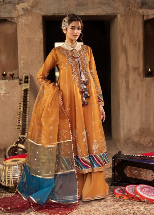 Mustard Silk Flared Pishwas 3-Piece (2577A)