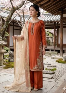 Rust Raw Silk Kurti 3-Piece (2465M)