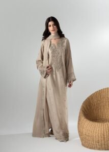 Dusty Ivory Raw Silk Long Kaftan 3-Piece (2660A)