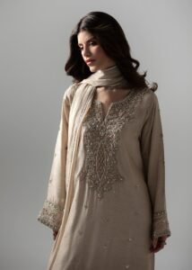 Dusty Ivory Raw Silk Long Kaftan 3-Piece (2660A)