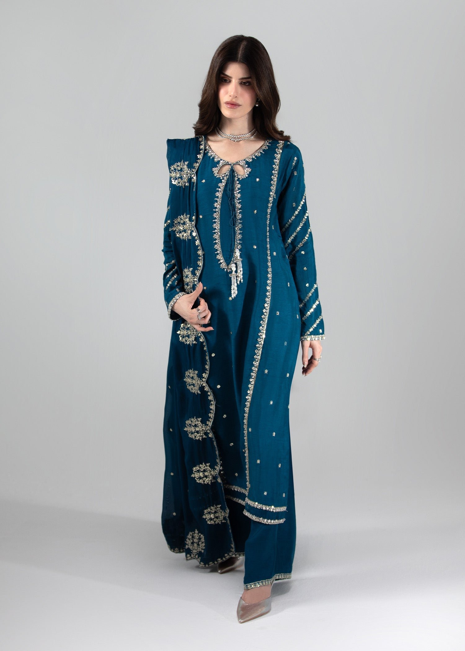 2H0A7064.jpg Teal Raw Silk Long Shirt 3-Piece (2655A)