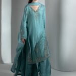 Cyan Blue Raw Silk Medium Length Shirt 3-Piece (2656A)