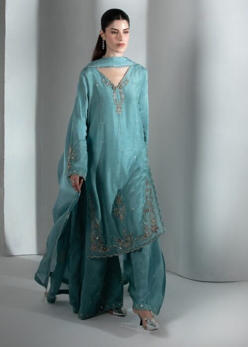 Cyan Blue Raw Silk Medium Length Shirt 3-Piece (2656A)