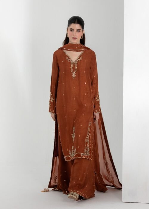 Rust Raw Silk Medium Length Shirt 3-Piece (2656B)