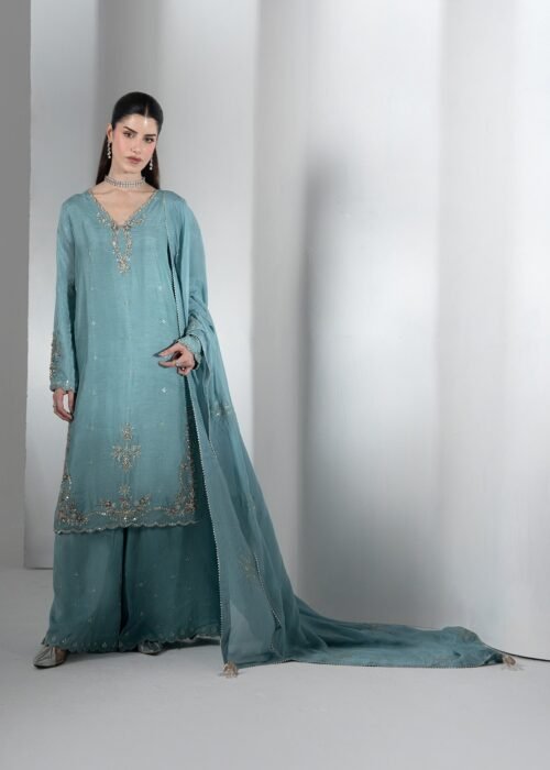 Cyan Blue Raw Silk Medium Length Shirt 3-Piece (2656A)