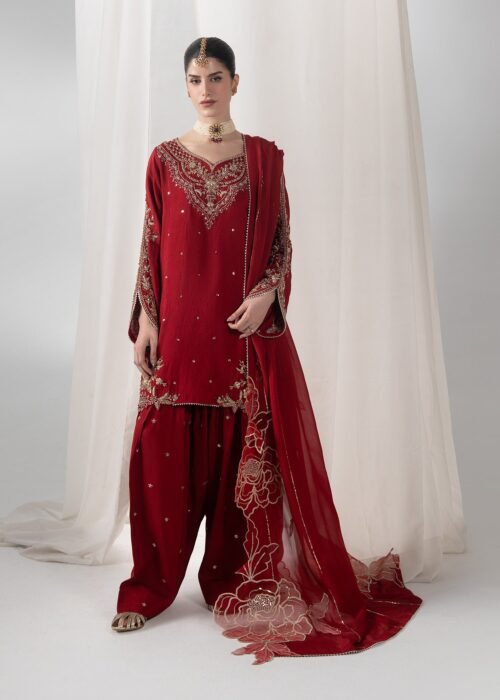 Red Raw Silk Short Shirt 3-Piece (2658B)