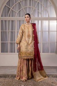 Antique Gold Zari Net Sharara 3-Piece (ZN-1306)