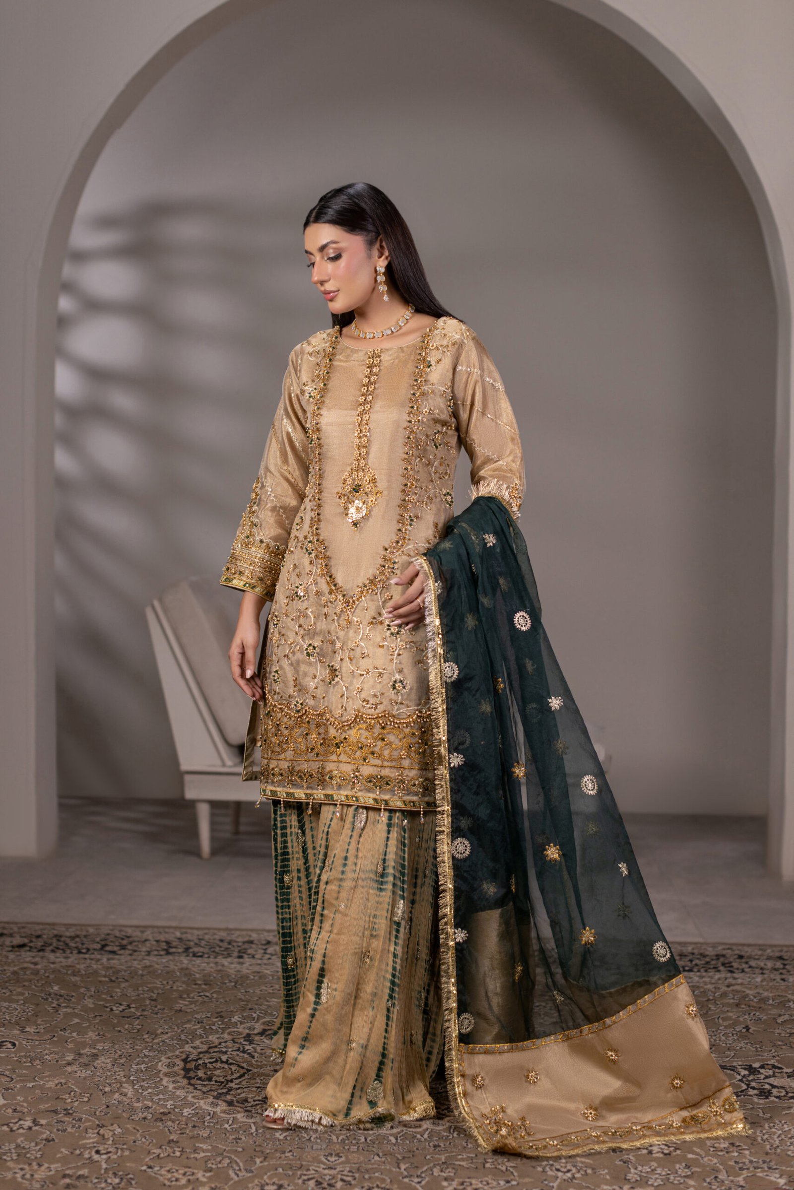zn-1306-b-01 Regal Noor Zari Net Sharara 3-Piece (ZN-1306-B) - Image 1